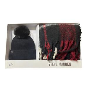 Steve Madden Plaid Fringe Scarf & Pom Hat Gift Box Set, Black/Red/White, New